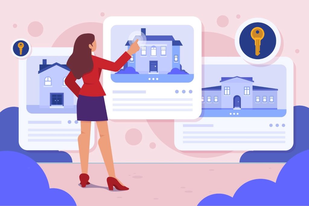 illustration of a woman going through online rental listings 